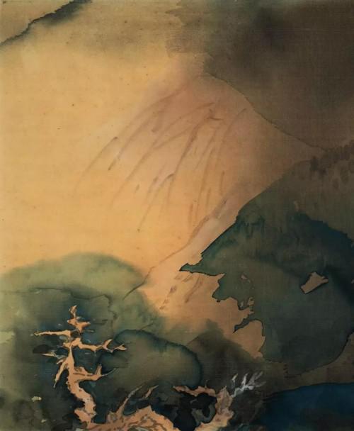 张大千 溪桥晚色 1970年作设色绢本 镜框66×165cm