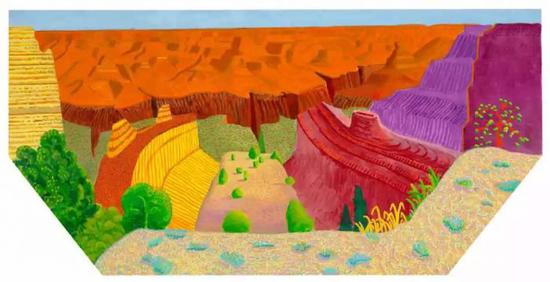 David Hockney， Grand Canyon II， 2017， Acrylic on canvas， 48 × 96″（hexagonal） © David Hockney， photograph by Richard Schmidt