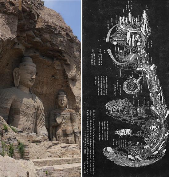 左:佛教云冈石窟 将山岳化为人形 右:道教内经图 将人形化为山水