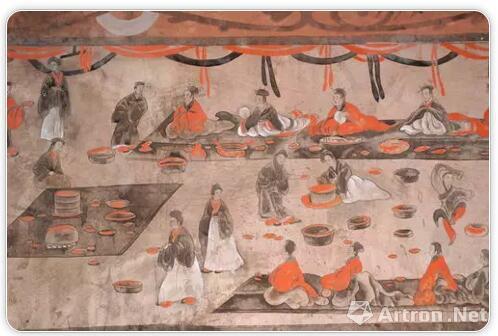 东汉墓壁画《宴饮百戏图》局部 可见席地跽坐的贵族们