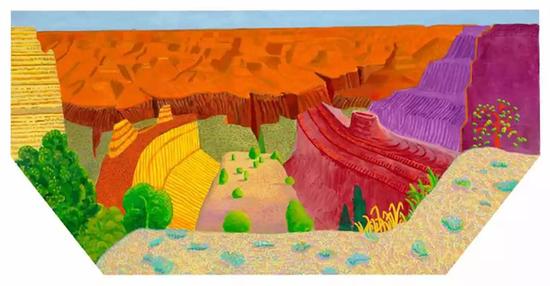 David Hockney, Grand Canyon II, 2017, Acrylic on canvas, 48 × 96″(hexagonal) ? David Hockney, photograph by Richard Schmidt