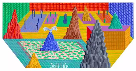 David Hockney, Still Life, 2017, Acrylic on canvas, 48 × 96″(hexagonal) ? David Hockney, photograph by Richard Schmidt