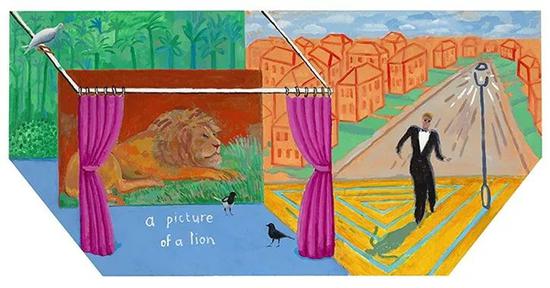 David Hockney， A Picture of a Lion， 2017， Acrylic on canvas， 48 × 96″（hexagonal） © David Hockney， photograph by Richard Schmidt