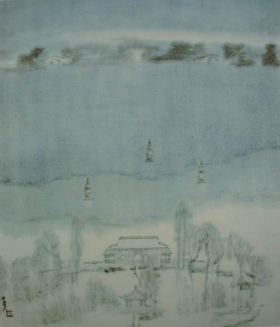 童中焘,《一湖寒玉》,56x49cm,1993年