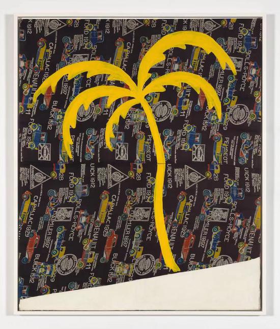 西格玛·波尔克  《汽车图案面料上的棕榈树》 1969 布面色散 149.9 x 125.1 厘米 　 2019 西格玛·波尔克艺术遗产/纽约艺术家维权协会（ARS）/德国伯尔尼 VG Bild-Kunst 　　图片由西格玛·波尔克艺术遗产与卓纳画廊提供