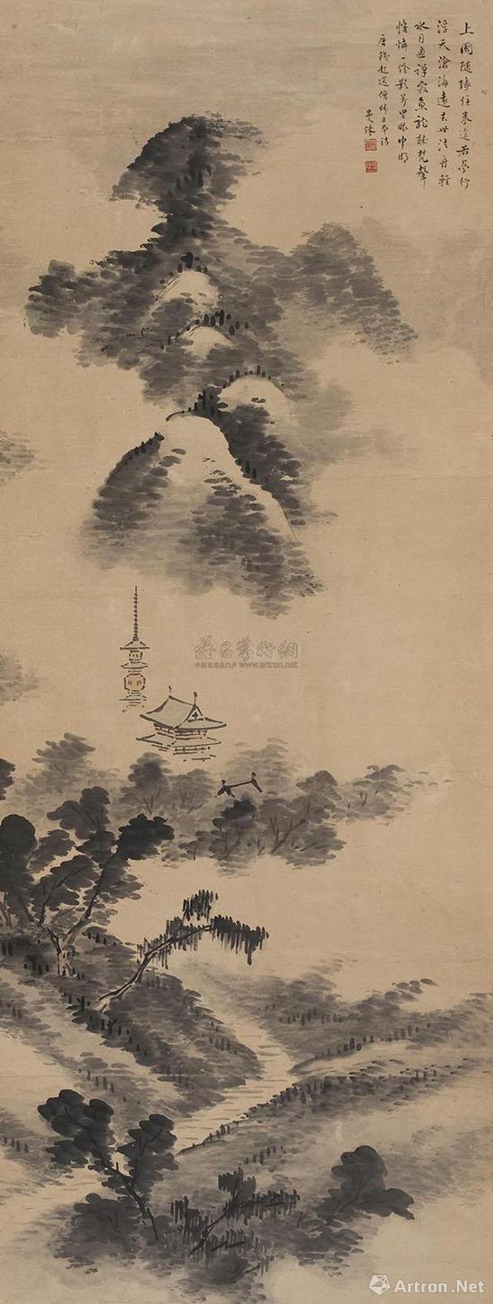 苏曼殊《秋山萧寺图》123×47cm 类似马远构图