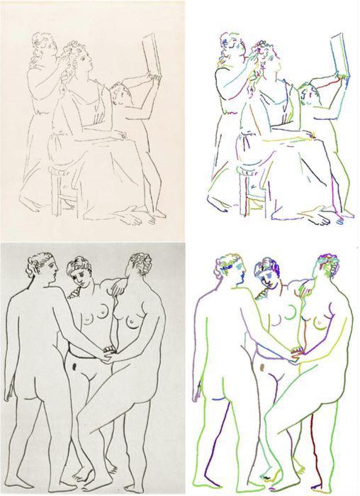 对毕加索的画作进行笔触分割（在右图中用颜色标出） | Elgammal et al。