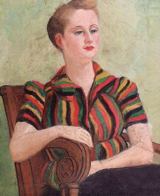 潘玉良《金发女郎》油彩、画布，54×45cm，安徽博物院典藏。作品背影中的绿彩和此次上拍的《祼女》相同