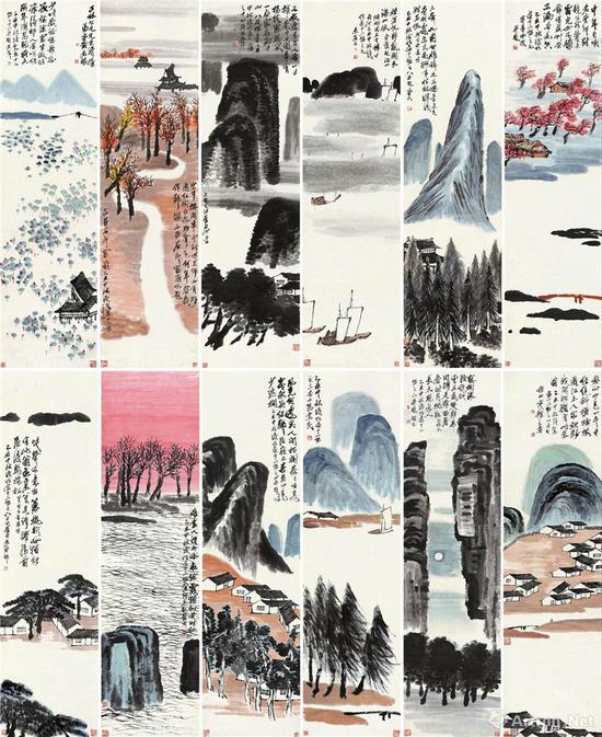 齐白石(1864~1957年) 1925年作《 山水十二条屏》(2017年北京保利9.315亿元成交,折合美元1.397亿元)