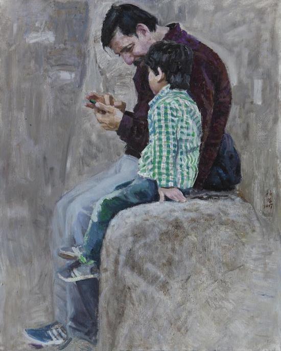 曹新林,《父子俩》,亚麻布油彩,100cm×80.3cm,2017年