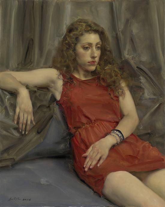 庞茂琨，《红衣女孩》，布面油画，100cmx80cm，2017年