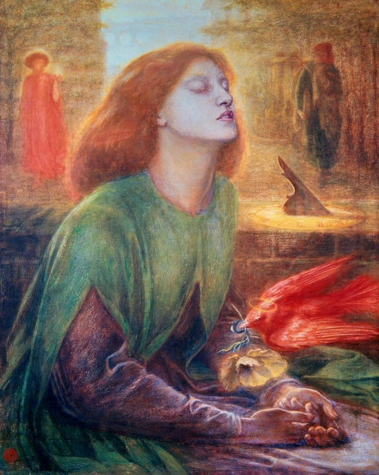 罗塞蒂,《贝娅塔·贝娅特丽克丝》,1863年,画中模特为西达尔,作品集中体现了罗塞蒂 对描绘美丽女性的热衷。