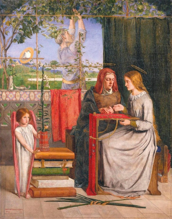  罗塞蒂，《玛利亚的少女时代》，1848-1849。这是罗塞特第一幅拉斐尔前派绘画。