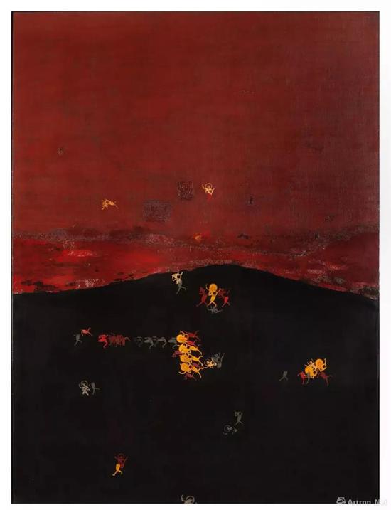 翁纪军，古格印象系列之七，2013年，木板大漆苎麻 ，92.5x124cm