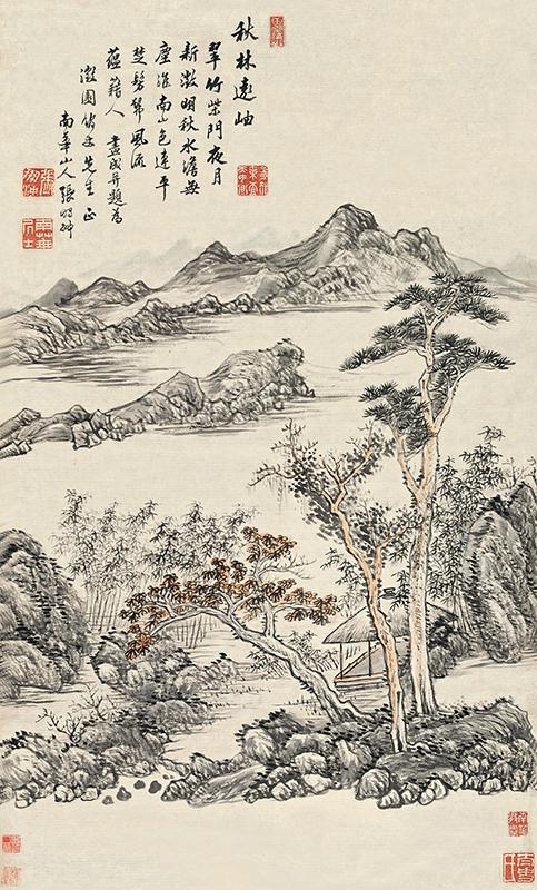 张鹏翀《秋林远岫》轴,纸本设色,84厘米×50.3厘米