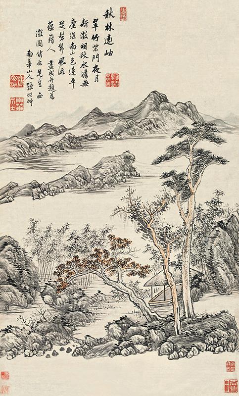 张鹏翀《秋林远岫》轴，纸本设色，84厘米×50.3厘米