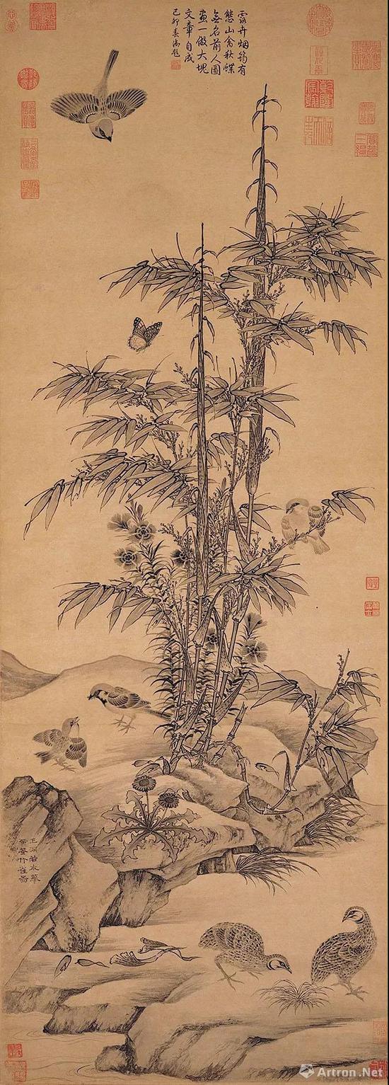 王渊，《竹雀图》轴，元，纸本水墨，139.3×49.9厘米，日本大阪市立美术馆藏