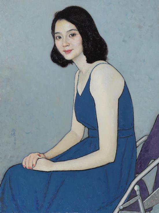 靳尚谊《穿蓝裙子的女士》,布面油画 ,75cm×56cm,2017年