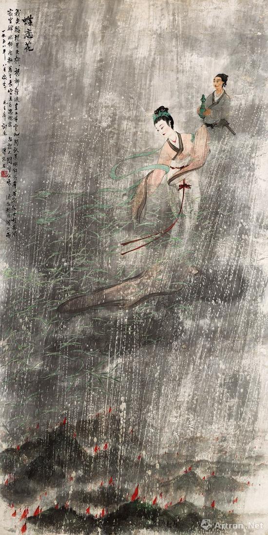 傅抱石 《蝶恋花》 立轴 设色纸本 167×84cm 1958年作