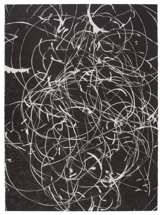 《时间与虫洞》，黑白木刻，56 × 76 cm，2019
