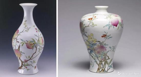 左：清雍正 粉彩福寿双全橄榄瓶 上海博物馆 张永珍博士捐赠