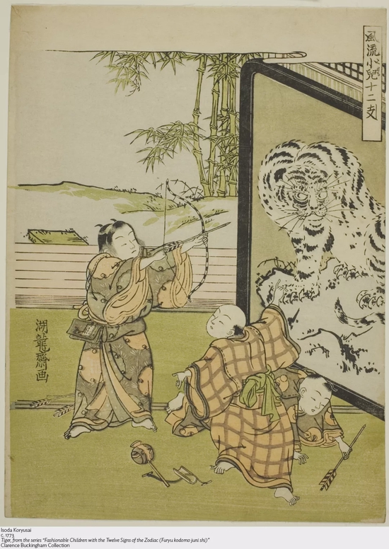 礒田湖龙斋,《虎》(出自“风流小儿与十二生肖”系列),1773年,芝加哥艺术博物馆,馆藏编号:1925.2209