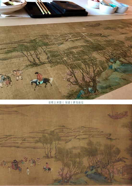 上海博物馆修复师参与的《清明上河图》(清人本)的修复前后对照