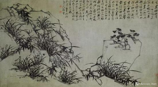 ▲郑燮  兰竹石图横幅  清乾隆二十七年（1762）纸本 墨笔