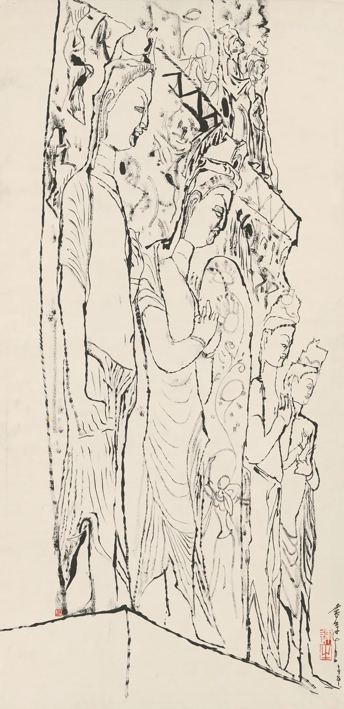 袁运生，《敦煌众佛像写生》，137x66cm，宣纸水墨，1981