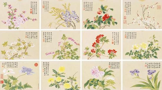 钱维城 花卉册 册页(十二开) 设色纸本 27.5×37 cm(每幅) 成交价:RMB 66,700,000