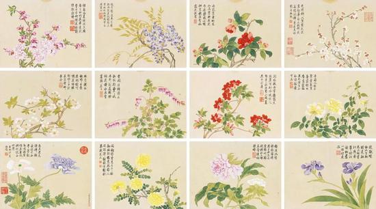 钱维城 花卉册   册页（十二开） 设色纸本   27.5×37 cm（每幅）  成交价：RMB 66，700，000