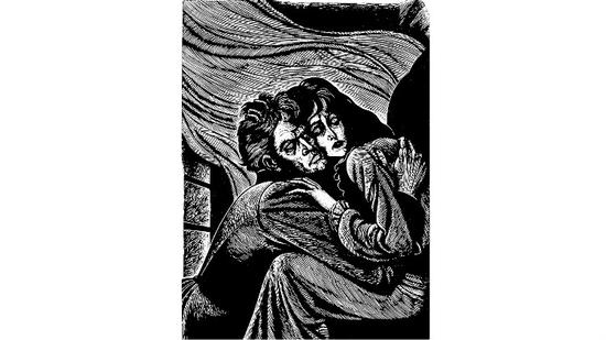 希思克利夫和垂死的凯瑟琳紧扣着抱在一起。