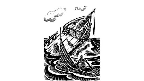 《鲁滨孙飘流记》插画，发现一艘新失事的大船。