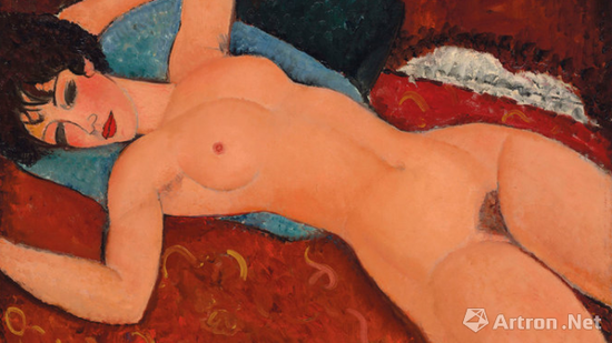 图13 意大利画家亚美迪欧·莫迪瑞安尼(1884~1920)《侧卧的裸女》油画(2015年纽约佳士得以1.7亿美元成交)