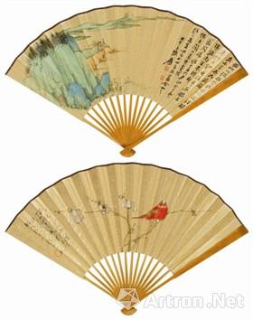 张大千、于非闇《登临远眺·白梅丹禽》成扇(2015年嘉德241.5万元成交)