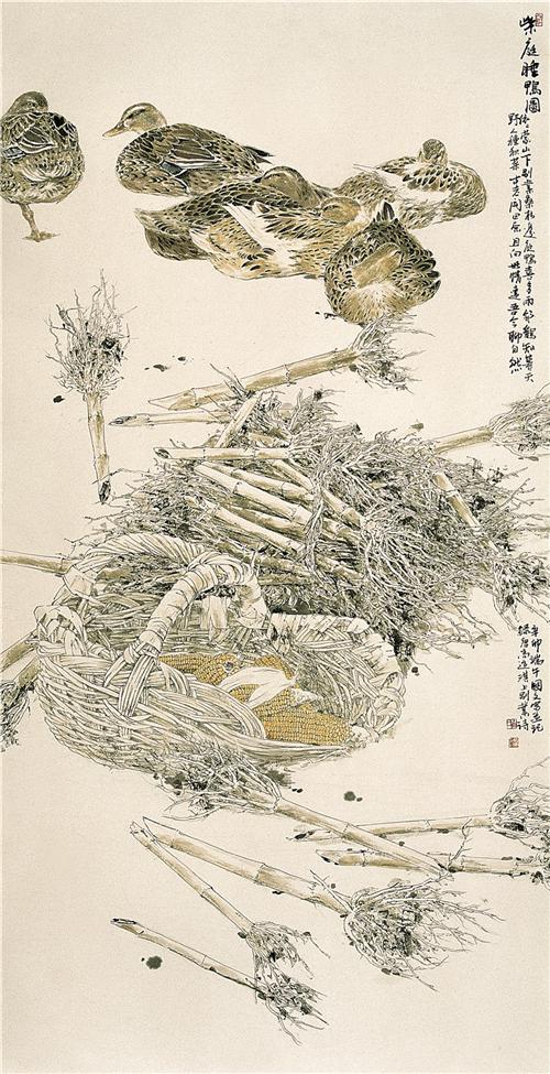 《柴庭睡鸭图》134×67cm 2011年