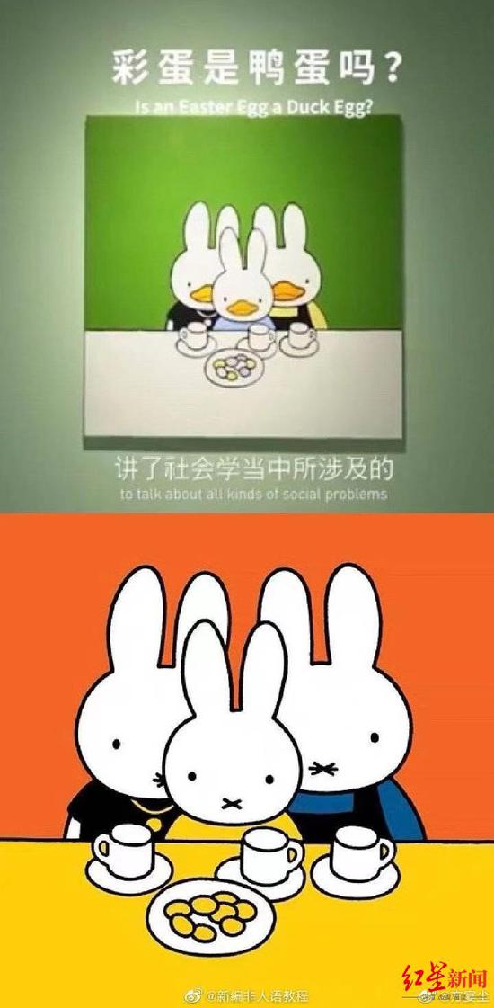 鸭兔(上)与米菲兔人物形象、摆盘及豆子数目对比图。图据微博