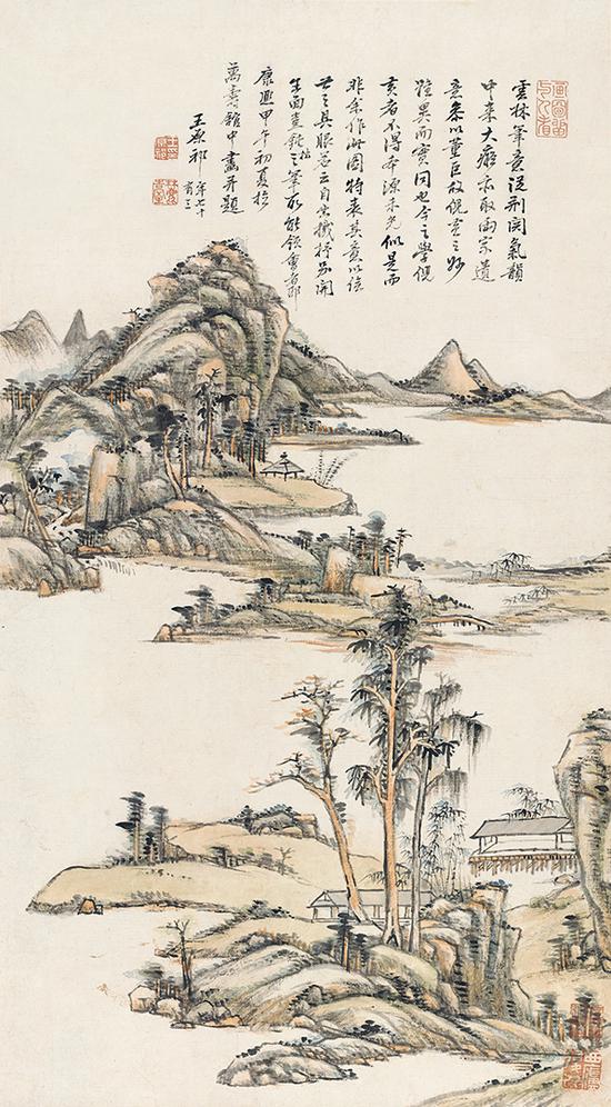王原祁《疏林远岑》轴,纸本设色,73厘米×40.5厘米,1714年
