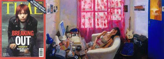 喻红,《她——80后作家》,2007,150x300+150x114cm,布上丙稀