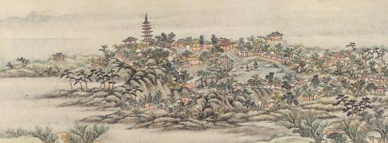 蒋溥《虎丘山图》卷(局部),纸本设色,10.4厘米×75.5厘米,1751-1756年