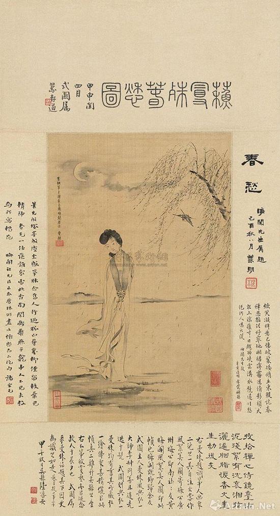 苏曼殊《春愁图》35.3×22.3cm。画中女子为百助枫子，清冷月夜，立于江岸，柳絮纷飞，纵有“殷勤为探看”的青鸟，依然娥眉不展，彷徨若失。