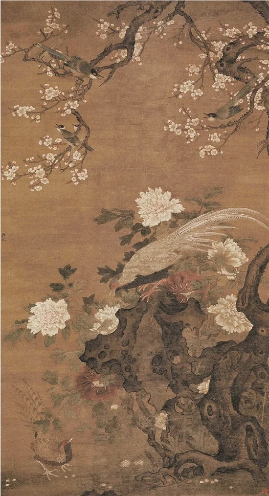 明 吕纪 牡丹锦鸡图 184.3×100cm 国画 中国美术馆藏
