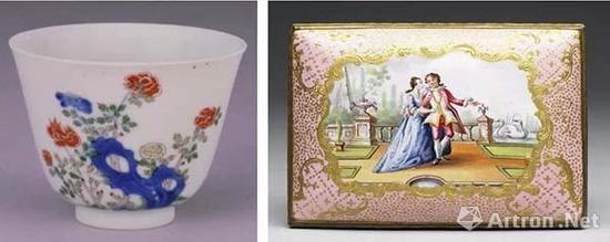 左:清康熙 五彩十二月花卉纹杯 北京故宫博物院藏 右:欧洲瓷胎画珐琅盒 台北故宫博物院藏