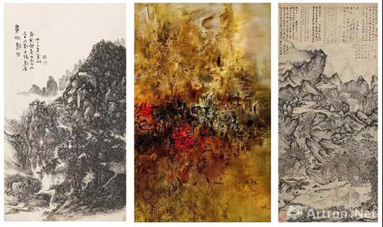 左图:黄宾虹 《黄山汤口》中图:《大地无形》局部 右图:王蒙 《稚川移居图》元代