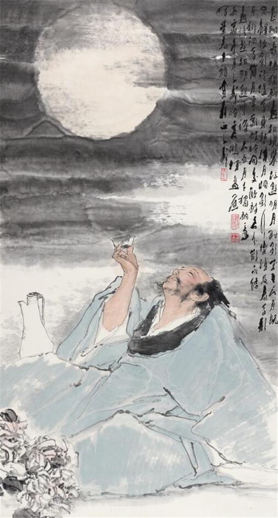 王子武 太白邀月图 151.4 ×81.7cm 纸本设色 1986