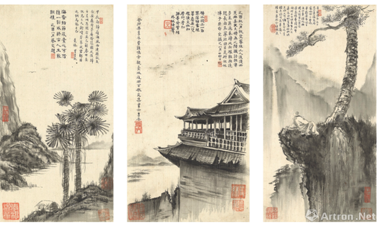 苏曼殊《曼殊上人墨玅》册页以2881.35万港币成交,超过拍前估价百余倍 香港蘇富比2018春拍 中间这件,楼阁的透视、体积感的塑造,明显借鉴了西方绘画的技法