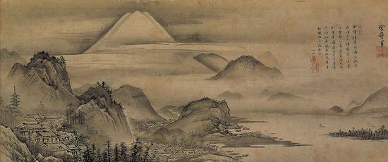 传雪舟等杨画、詹仲和赞 富士三保清见寺图 室町时代(16世纪) 东京永青文库藏