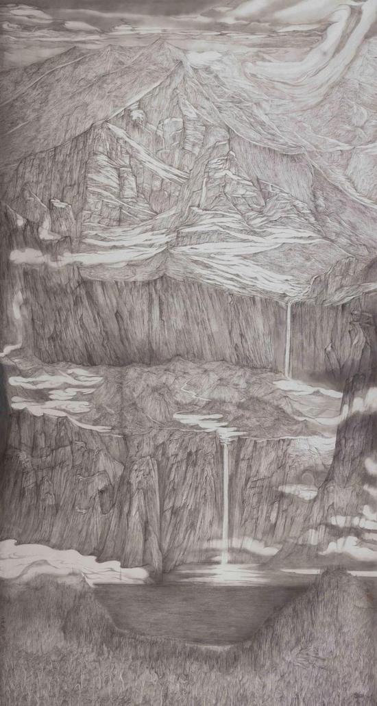 《重泉叠嶂》300×160cm，绢本水墨  2016