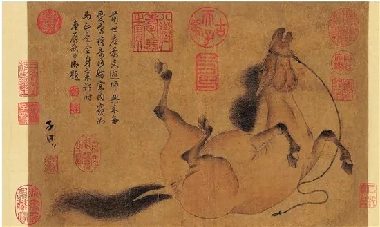 元 赵孟頫 滚尘马图 设色纸本 手卷 引首：54.5×22.5cm 画心：38×25.5cm