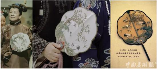 太后手中所握扇子与清·沙面贴绢仙鹤桃树图团扇对比